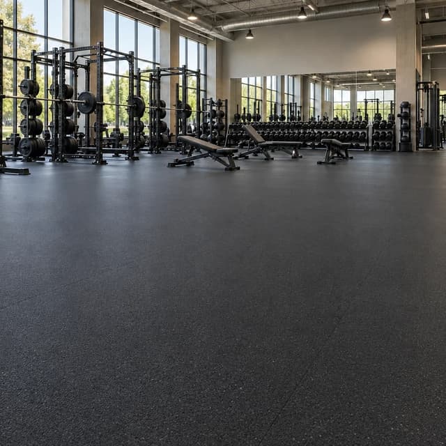 Black rubber roll flooring across a large commercial strength gym with several racks, benches, dumbbells and cable stations.