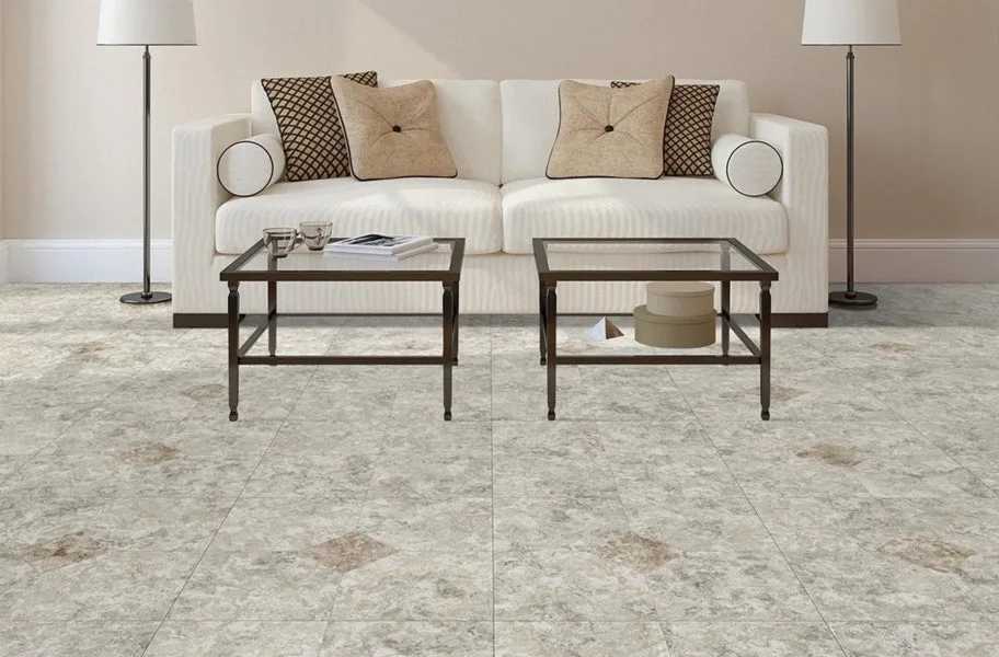 stone-look vinyl tiles in a living room setting