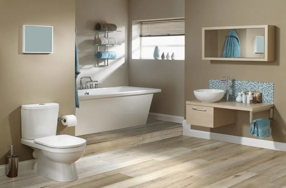 blond wood-look vinyl planks in a bathroom setting